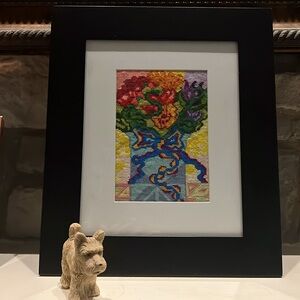 Framed Colorful Floral Needlepoint Art in Frame w/ White Matting